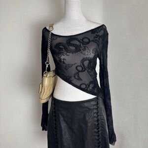 Black Sheer Dragon Embroidered Mesh Asymmetrical Long Sleeve Top